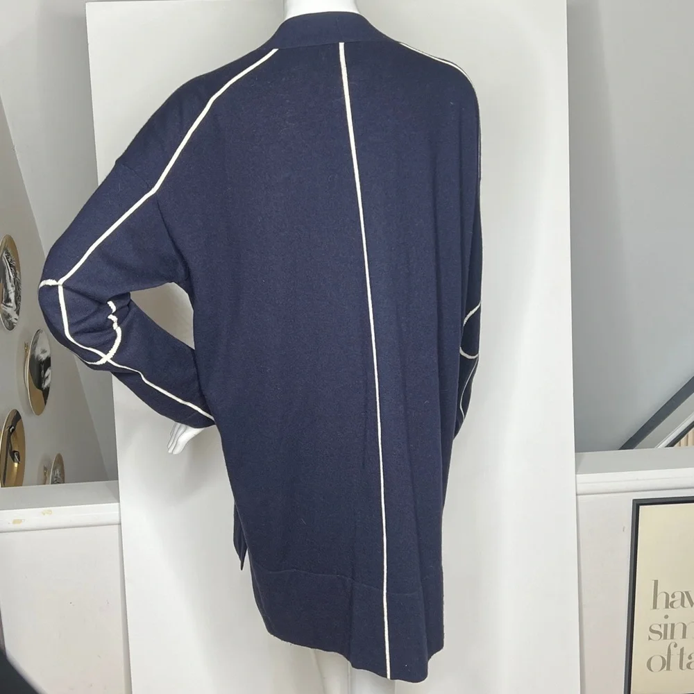 Akris Punto Sz 14 Navy White Open Cardigan Soft Virgin Wool Side Pockets